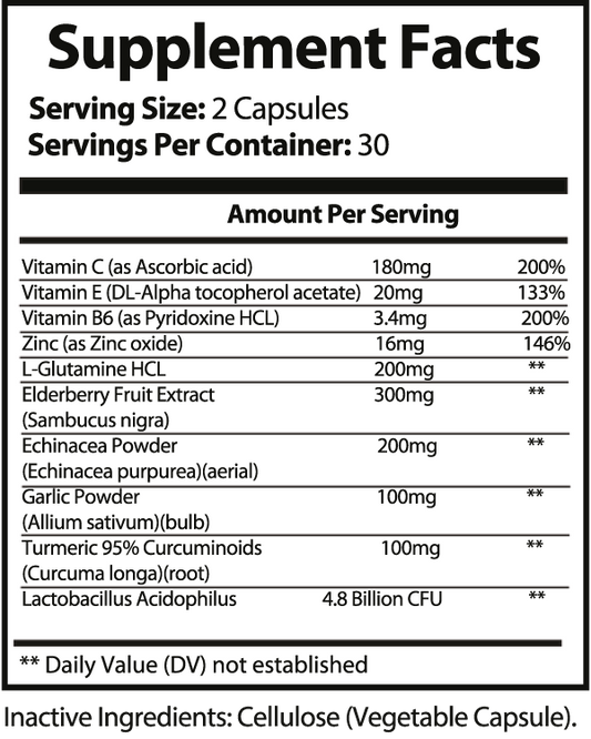 Supplement facts label with various vitamins and minerals listed