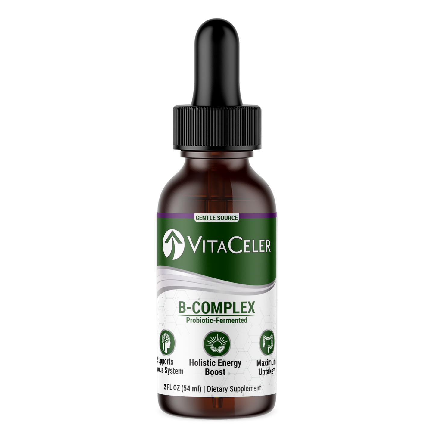 VitaCeler B-Complex supplement bottle on a white background