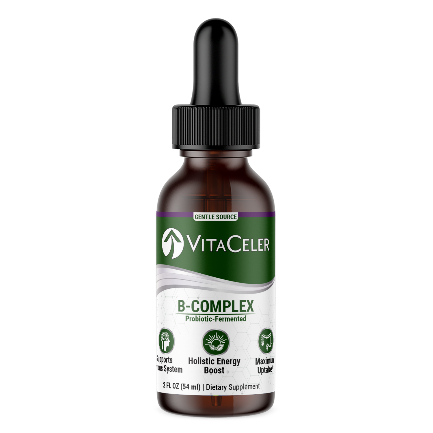 VitaCeler B-Complex supplement bottle on a white background