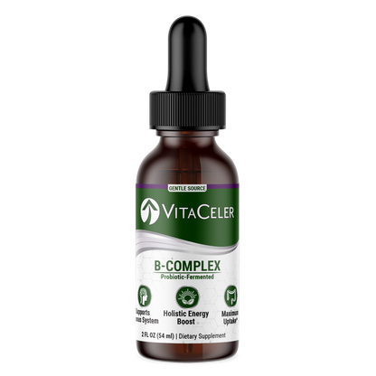 VitaCeler B-Complex supplement bottle on a white background