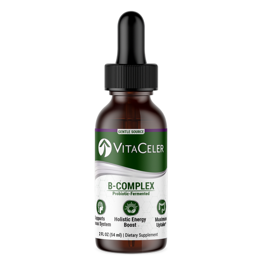 VitaCeler B-Complex supplement bottle on a white background