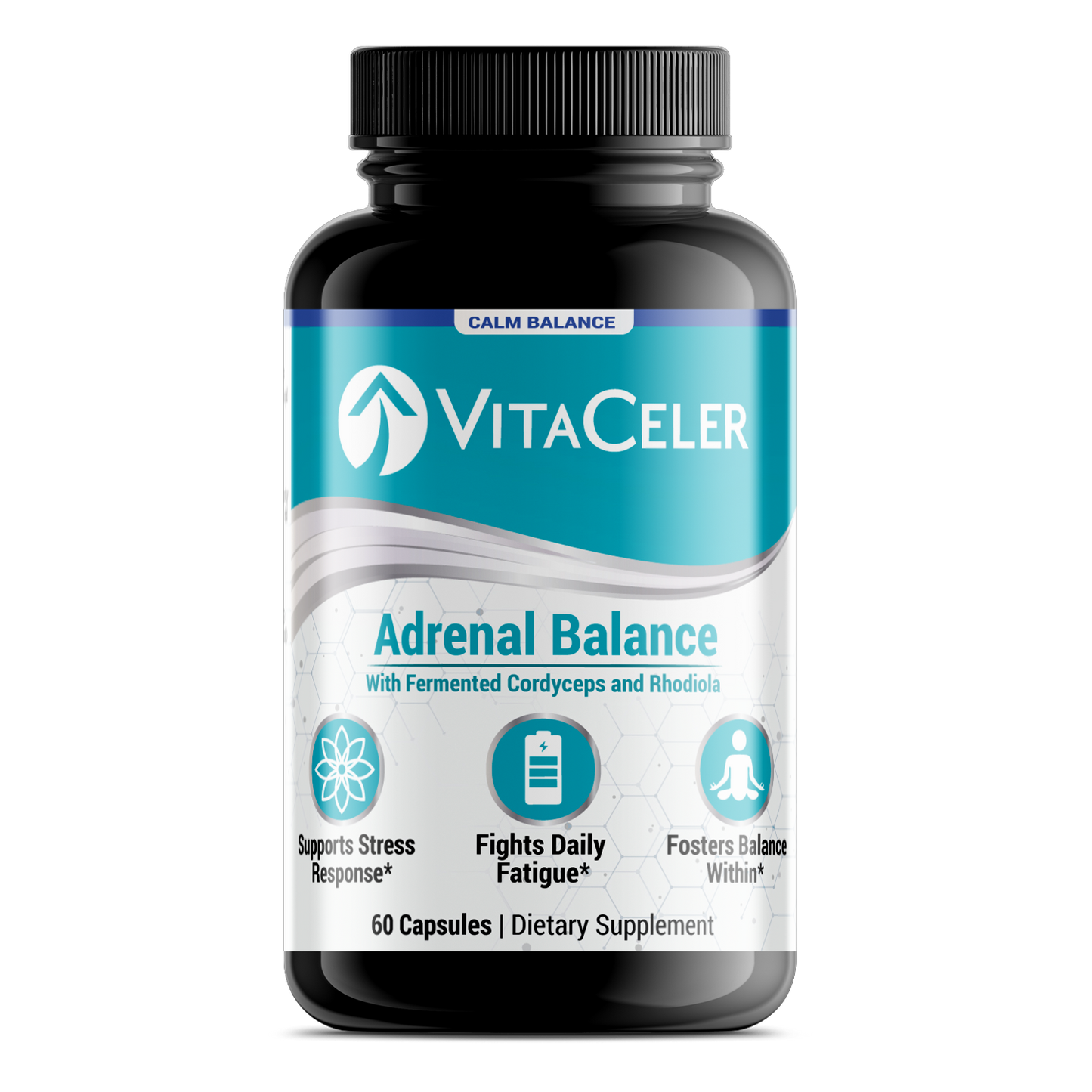 Vitaceler Adrenal Balance formula supplement bottle on a white background