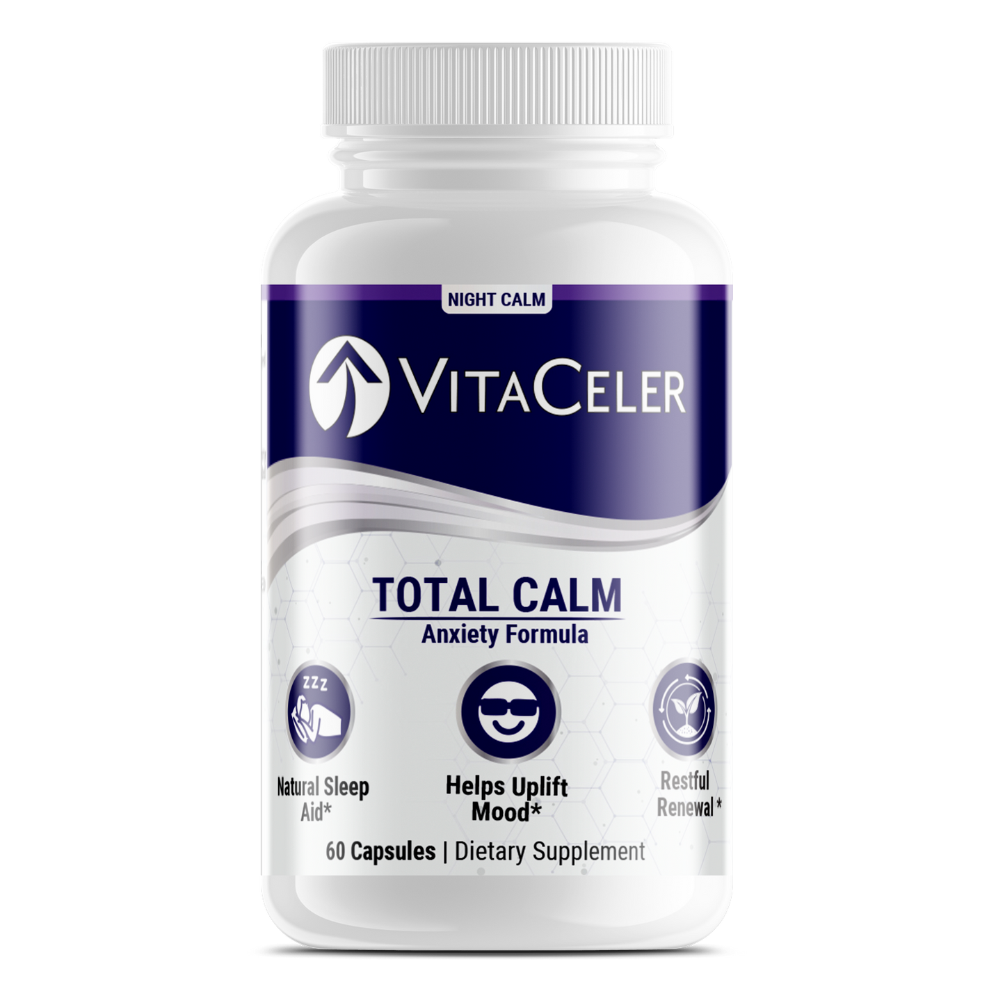 Vitaceler Total Calm anxiety formula supplement bottle on a white background