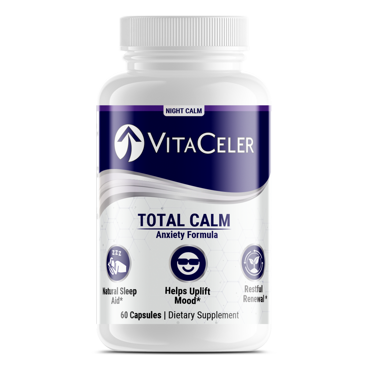 Vitaceler Total Calm anxiety formula supplement bottle on a white background