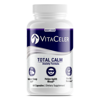Vitaceler Total Calm anxiety formula supplement bottle on a white background