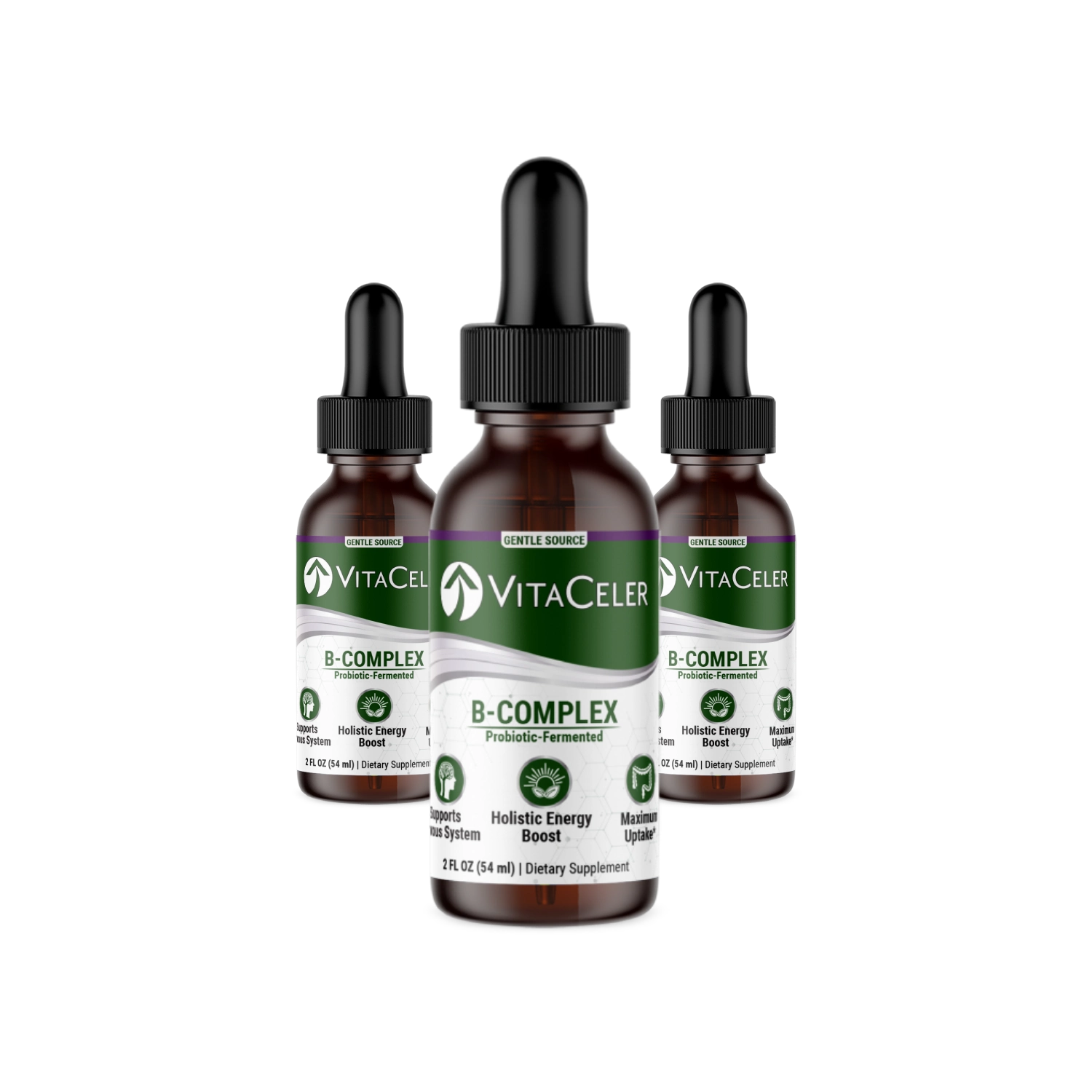 Three bottles of VitaCeler B-Complex supplement on a white background