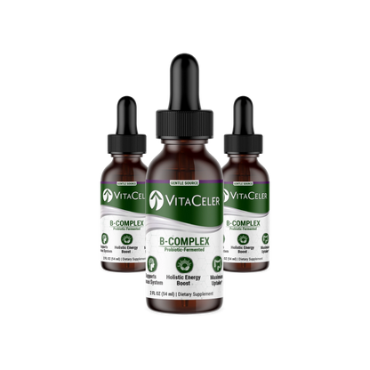 Three bottles of VitaCeler B-Complex supplement on a white background