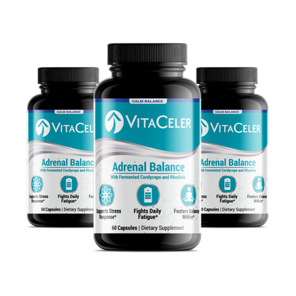 Three bottles of VitaCeler Adrenal Balance supplement on a white background