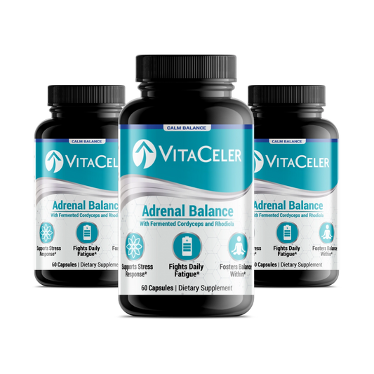 Three bottles of VitaCeler Adrenal Balance supplement on a white background