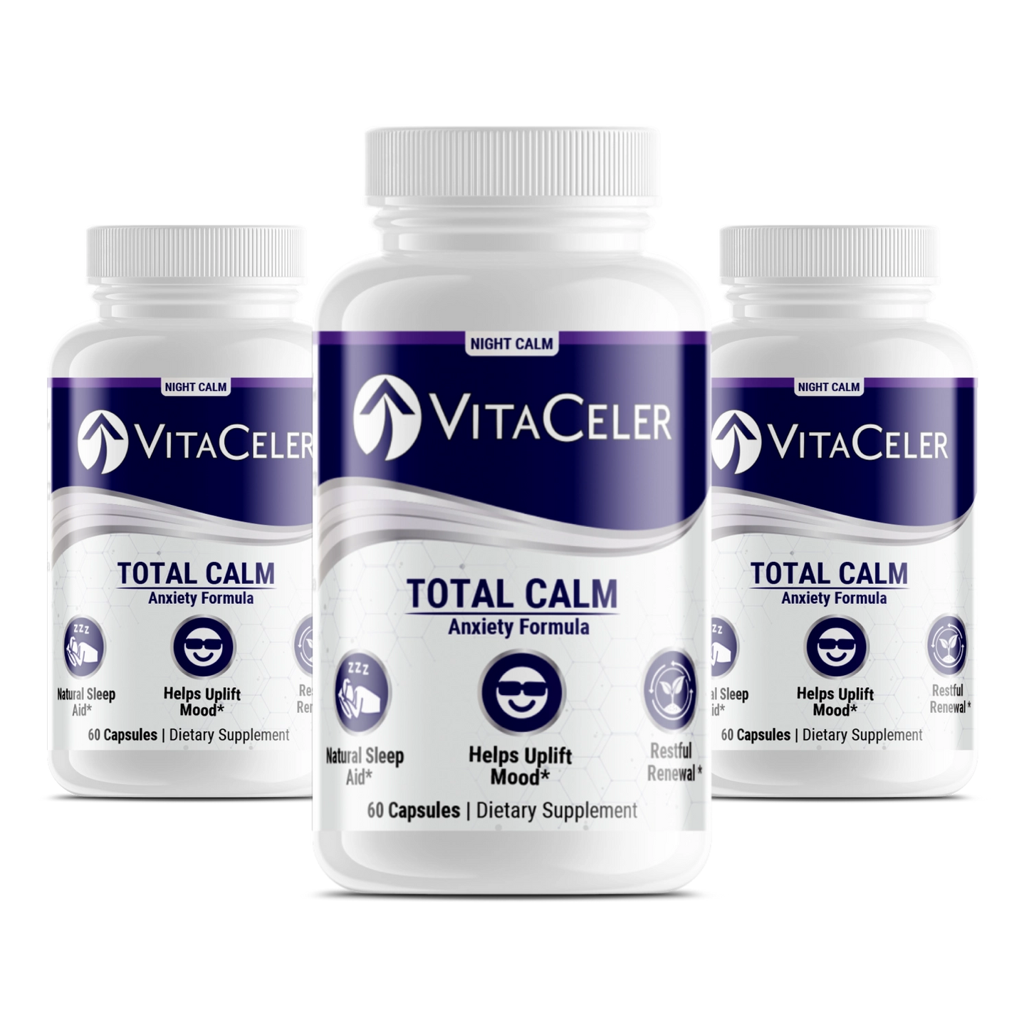 Three bottles of VitaCeler Total Calm Anxiety Formula on a white background