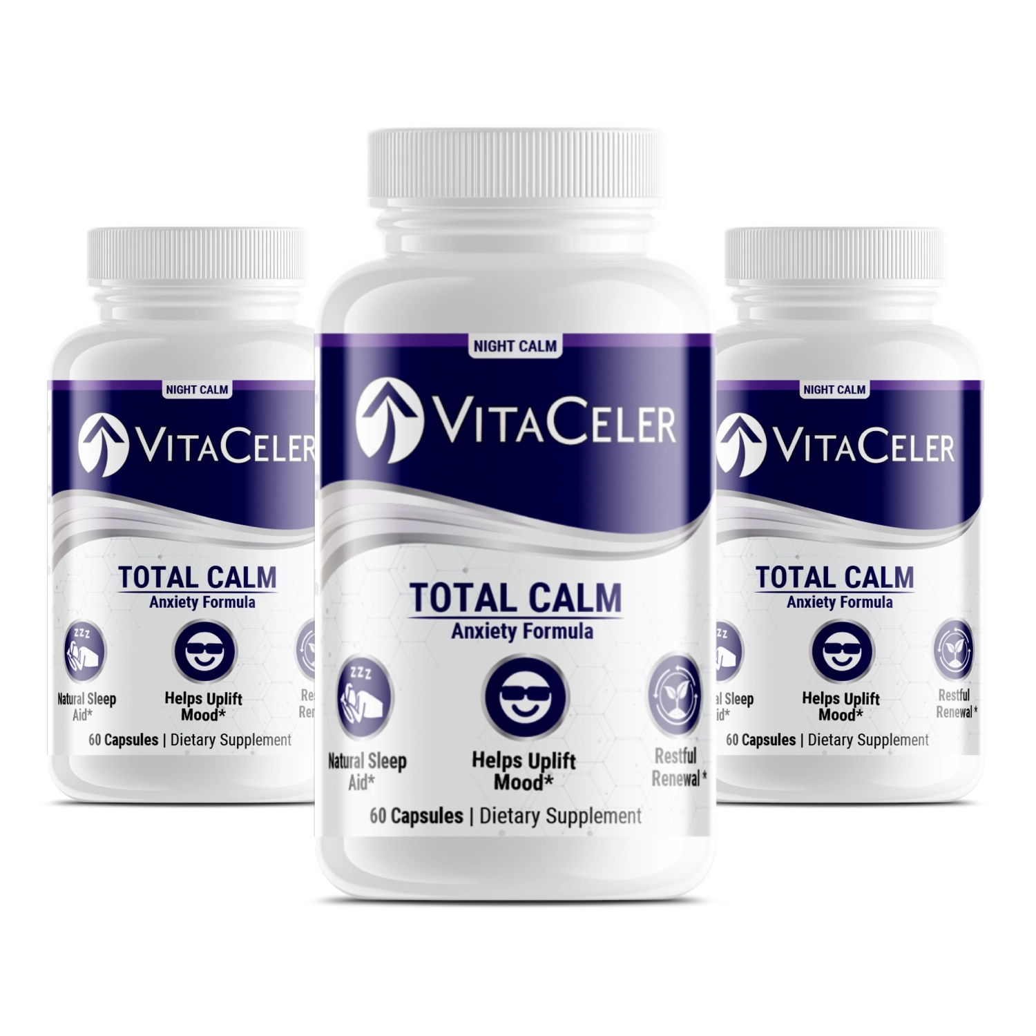 Three bottles of VitaCeler Total Calm Anxiety Formula on a white background