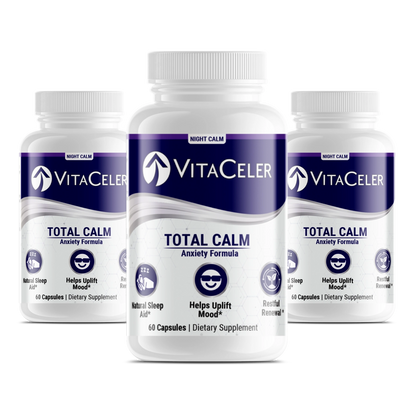 Three bottles of VitaCeler Total Calm Anxiety Formula on a white background