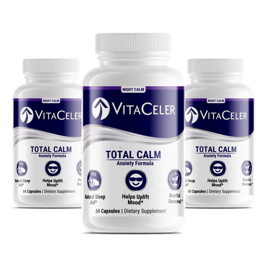 Three bottles of VitaCeler Total Calm Anxiety Formula on a white background