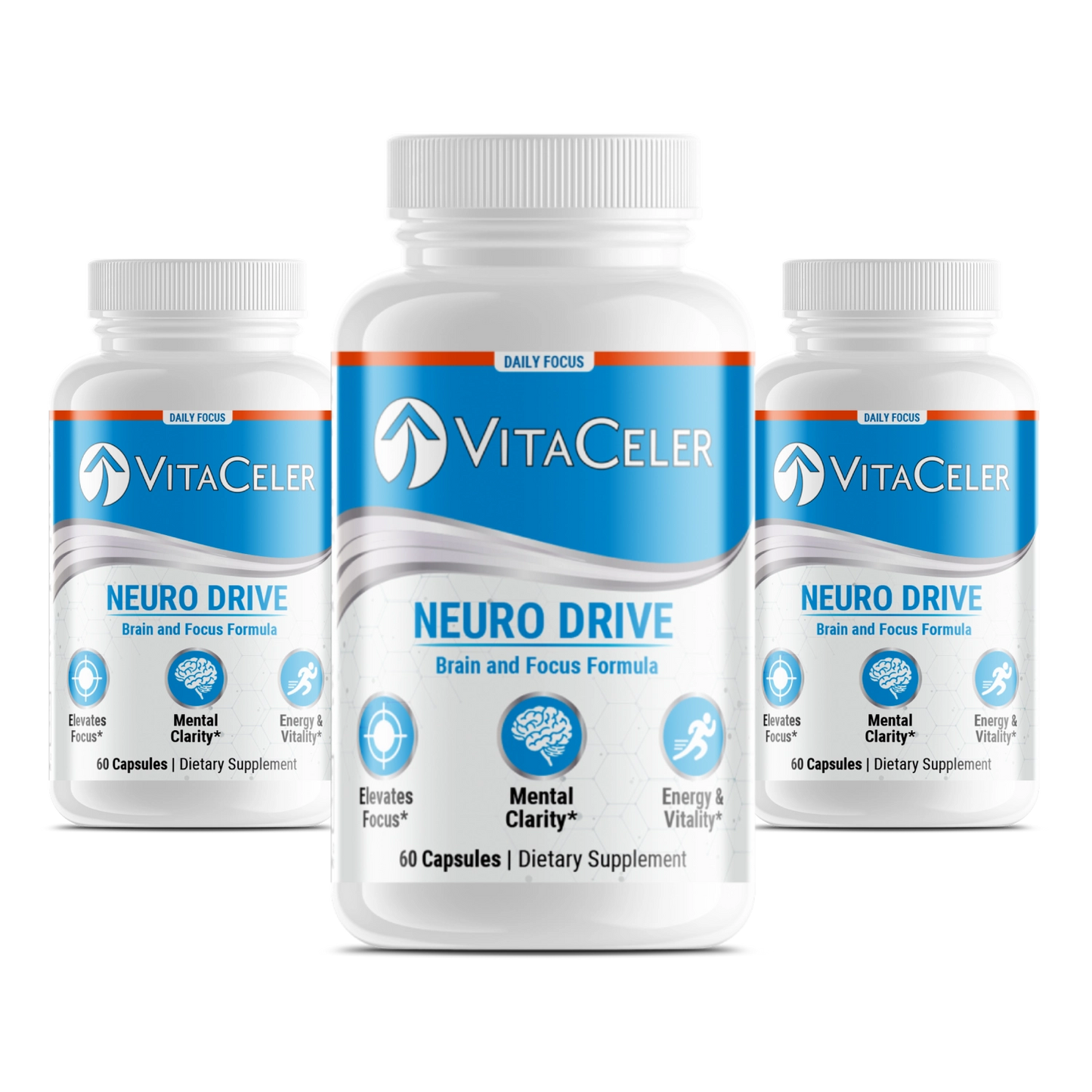 Three bottles of VitaCeler Neuro Drive supplement on a white background