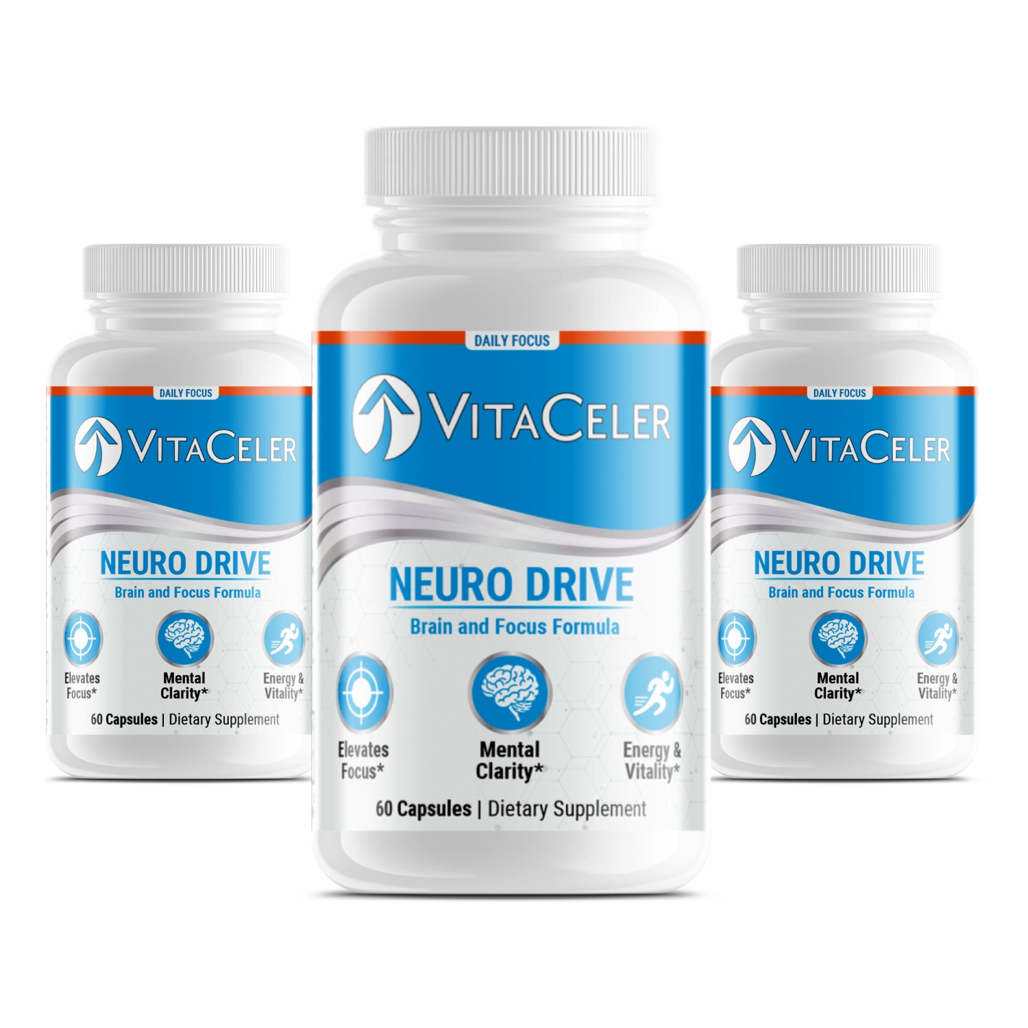 Three bottles of VitaCeler Neuro Drive supplement on a white background