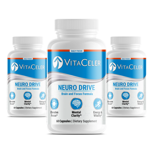 Three bottles of VitaCeler Neuro Drive supplement on a white background