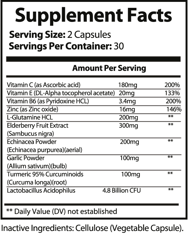 Supplement facts label with various vitamins and minerals listed