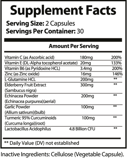 Supplement facts label with various vitamins and minerals listed