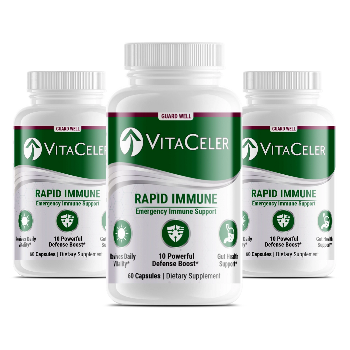 Three bottles of VitaCeler Rapid Immune supplement on a white background