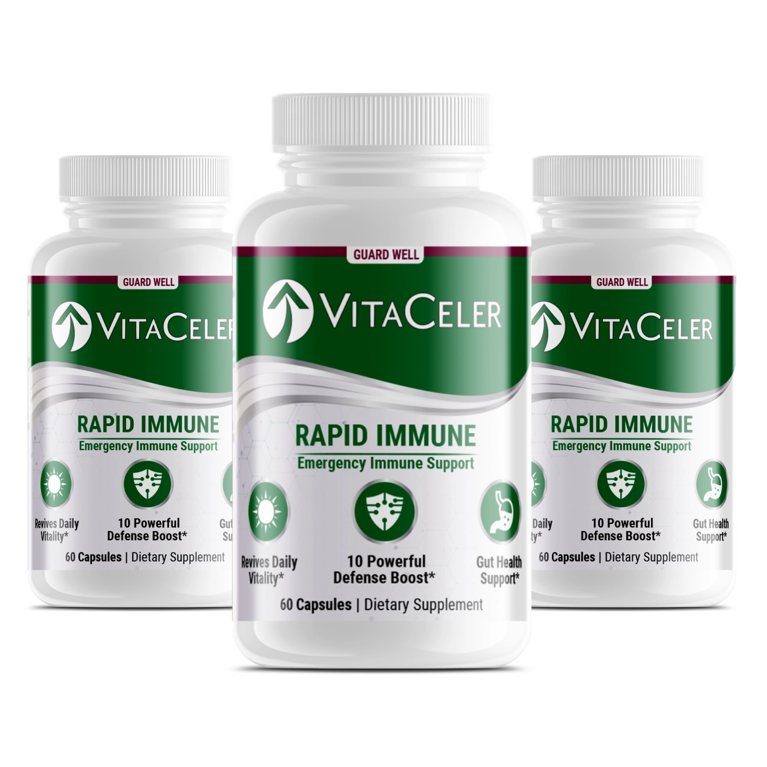 Three bottles of VitaCeler Rapid Immune supplement on a white background
