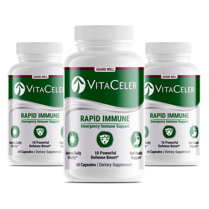 Three bottles of VitaCeler Rapid Immune supplement on a white background