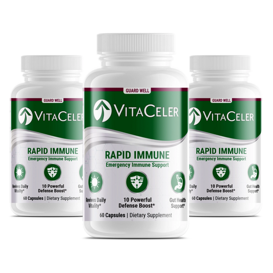 Three bottles of VitaCeler Rapid Immune supplement on a white background